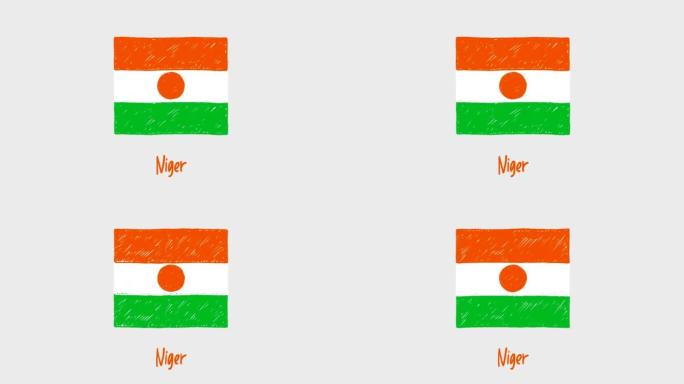 尼日尔国家国旗标记白板或铅笔彩色素描循环动画