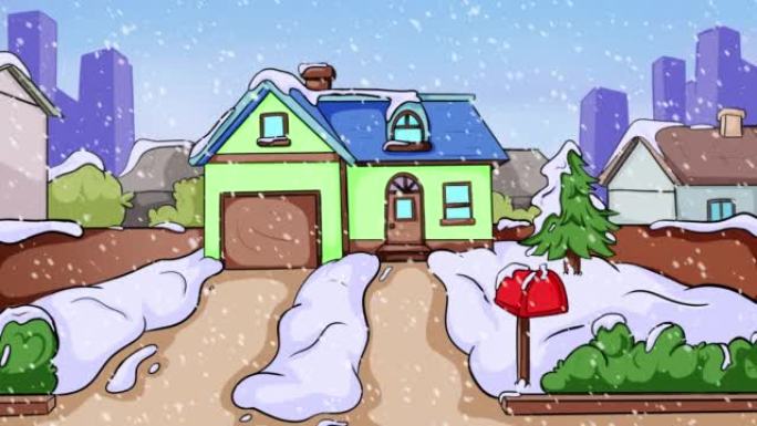 带有房屋立面，松树和信箱的降雪动画。