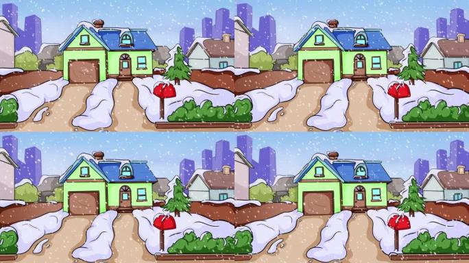 带有房屋立面，松树和信箱的降雪动画。