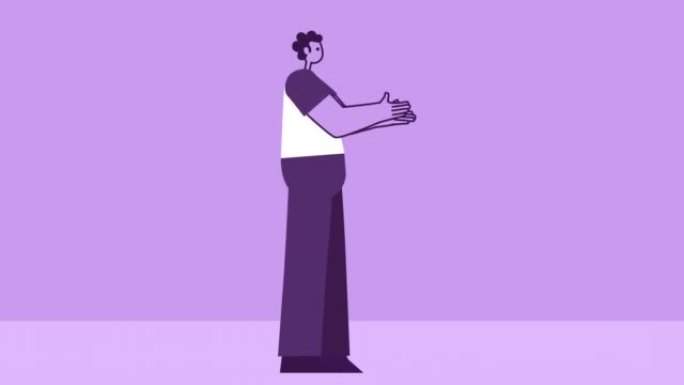 紫色风格的男人扁平人物鼓掌手势。带有Alpha通道的孤立循环动画