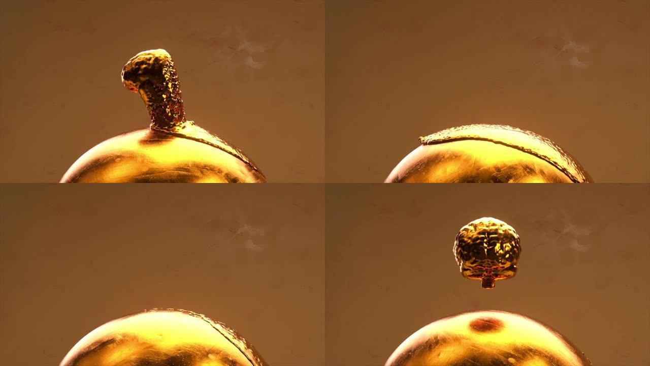 黄金大脑融化并散布在黄金球体上。摘要背景。无缝循环的3d动画