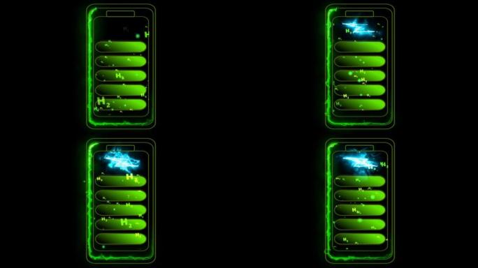 绿色氢电池和蓝色数字电脑全息图背景，概念清洁能源环保