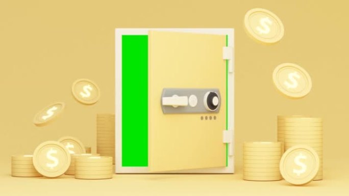 在金融稳定和增长的概念中，保险箱符号更高的存款和数字货币利率以及空白和绿色屏幕黄色背景逼真的3d渲染