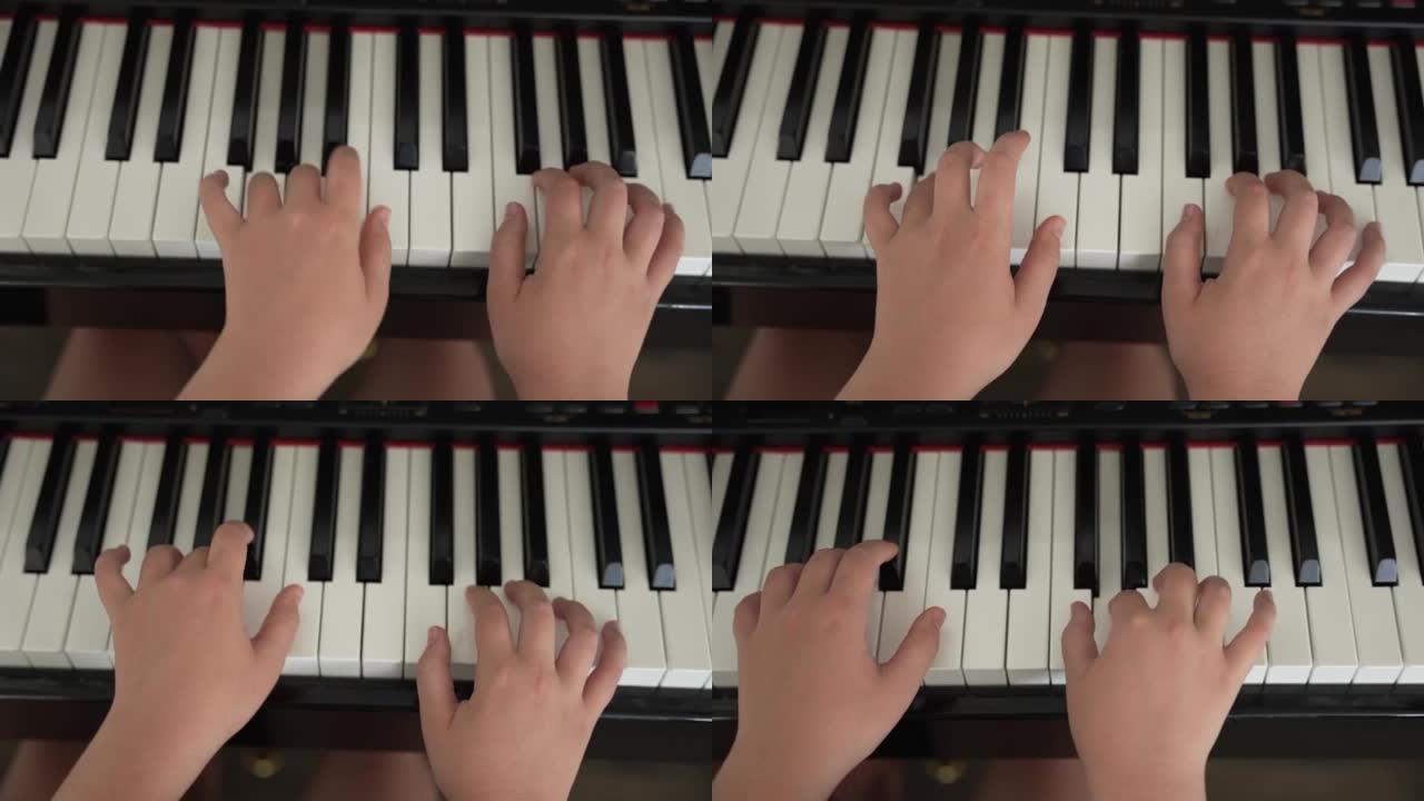 关闭年轻女孩的手在家里用钢琴练习歌曲
