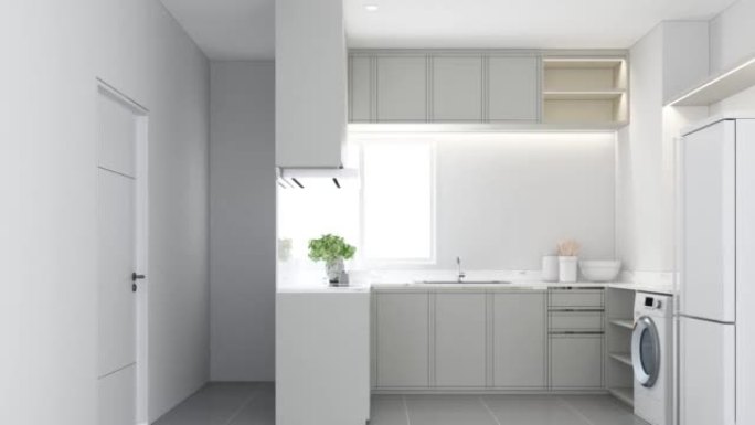 搭建厨房采用简约风格设计，由木质材料制成，白色台面带隐藏灯，镶木地板上有水槽、炉子和冰箱。3d渲染动