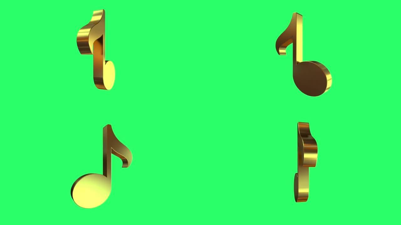 动画金色音符形状隔离在绿色背景上。