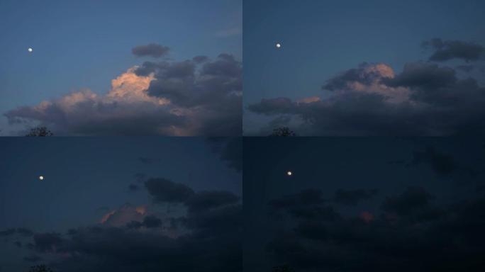 时间从白天流逝到晚上。天空、云和月亮。瑞士洛桑。