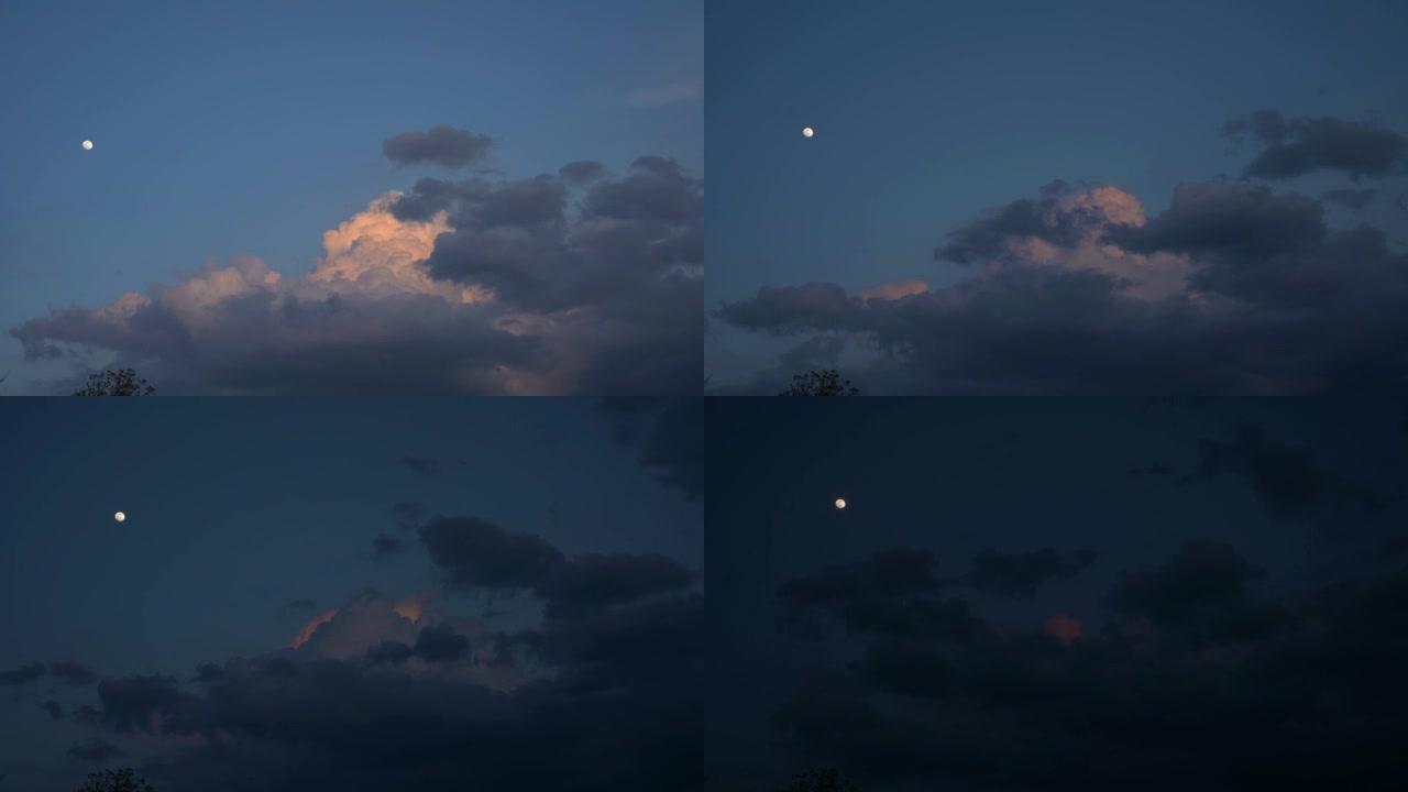 时间从白天流逝到晚上。天空、云和月亮。瑞士洛桑。