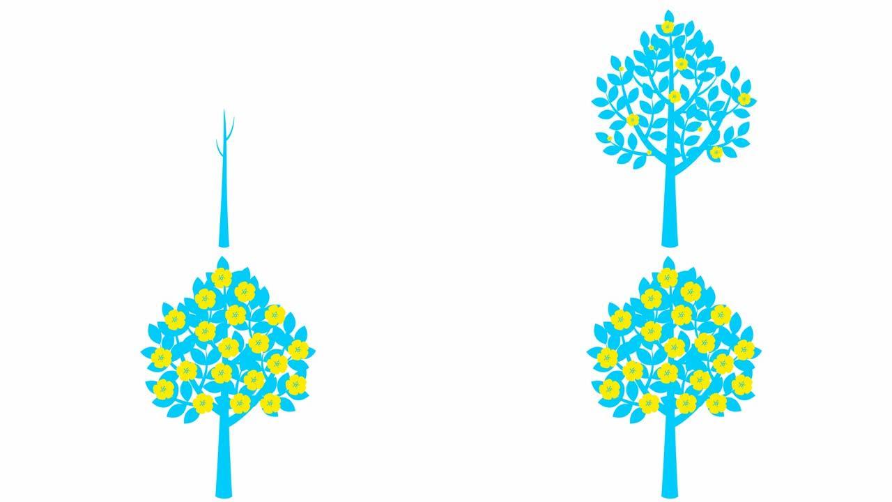 蓝色的树逐渐生长，叶子出现在树枝上。黄色的花正在盛开。黑色符号。春天的概念。孤立在白色背景上的平面矢