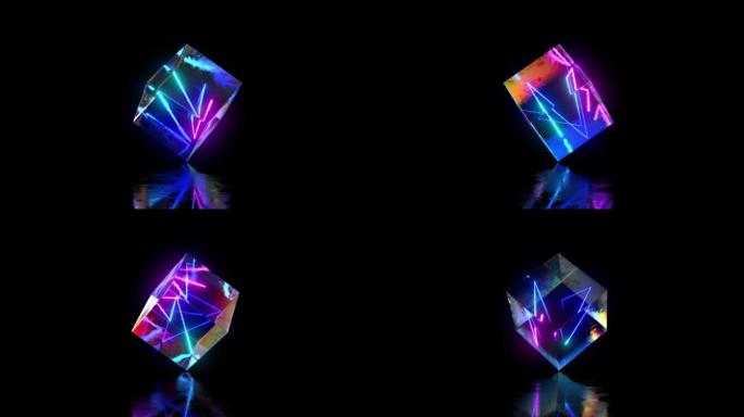 抽象旋转玻璃立方体，内部有闪电。循环动画。