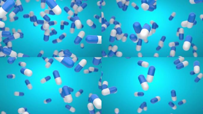 白色药片药物落在蓝色背景上-3D动画