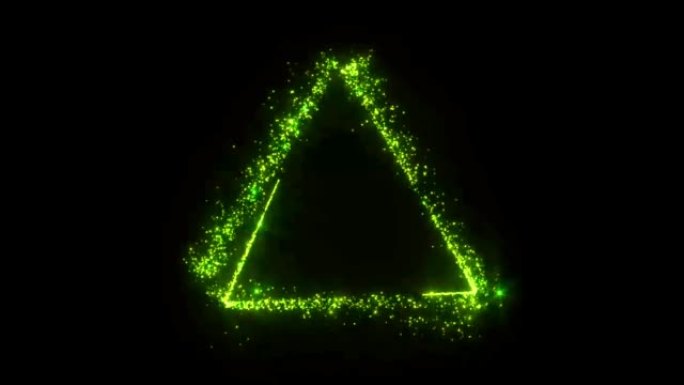 绿色光闪闪发光的颗粒三角形隔离在黑色背景上。