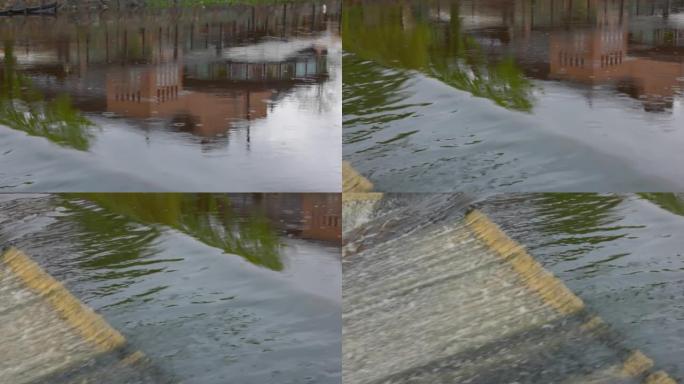 市中心雨时河的美丽景色，有房屋的倒影。瑞典。