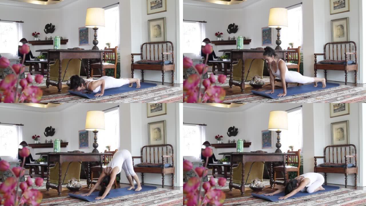 在科罗纳病毒期间，年轻女运动员在家做普拉提、瑜伽和力量训练练习，新型冠状病毒肺炎检疫在客厅的垫子上