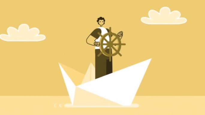 黄色风格的男人平字在纸船上航行。带有Alpha通道的孤立循环动画