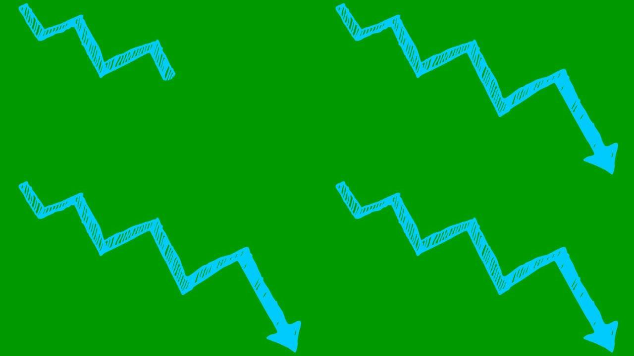 动画蓝色箭头。经济衰退图表。经济危机，衰退，下降图。利润下降。手绘矢量插图孤立在绿色背景上。