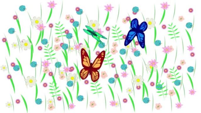背景花绿草。草地上蝴蝶的动画。卡通