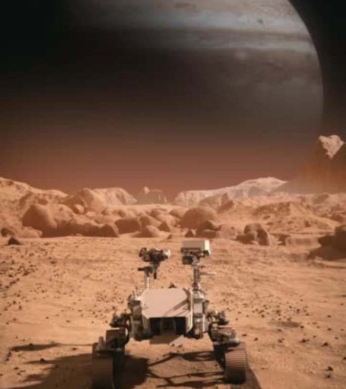 NASA火星发现漫游者穿越火星表面朝木星行驶。火星表面的红色污垢。先进技术、太空探索/旅行、殖民概念