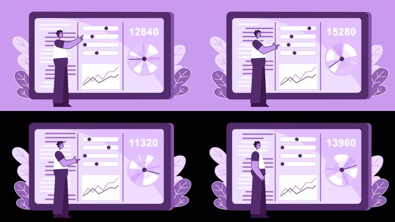 紫色风格的男人扁平角色与平板电脑上的信息一起工作。带有Alpha通道的孤立动画