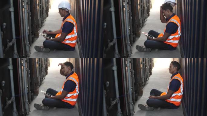 疲惫的工人在进出口货运船的仓库物流的集装箱箱之间用数字平板电脑休息一下