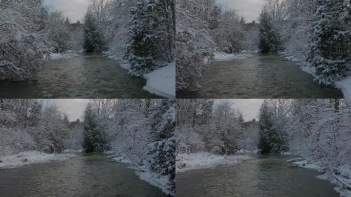 慢慢地推下一条宁静多雪的冬季河流。