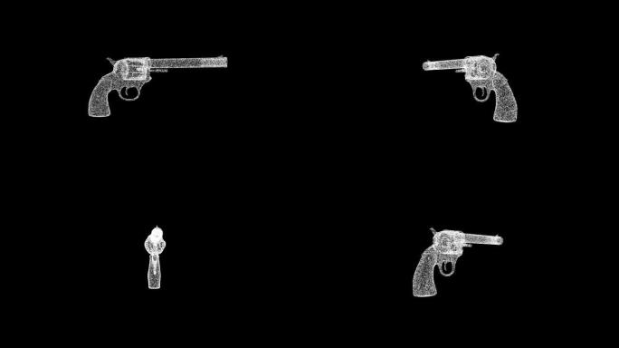 3D白色武器在黑色背景上旋转。由闪烁粒子组成的物体60 FPS。科学教程概念。标志、标题、演示文稿的