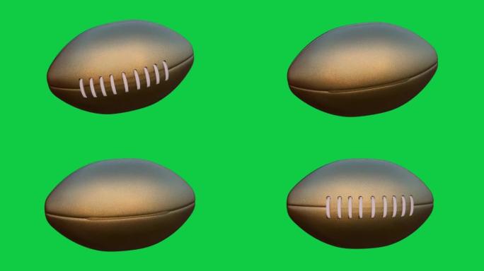 绿色背景上的金色美式橄榄球橄榄球旋转。3D渲染视频