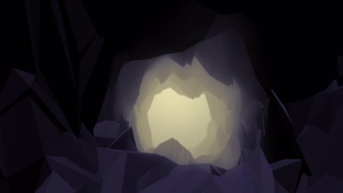 尖锐石头的岩石洞穴。低聚风格。向前移动。4k数字动画