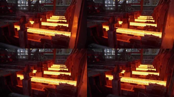 铁铸造厂。连铸机。钢坯的生产。钢坯通过管道移动。经营理念、现代钢铁生产技术