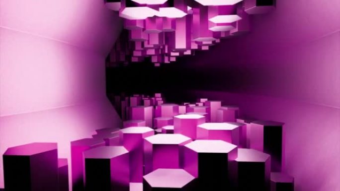 未来的粉色六角形隧道，无缝循环。设计。带有六边形支柱的弯曲走廊。