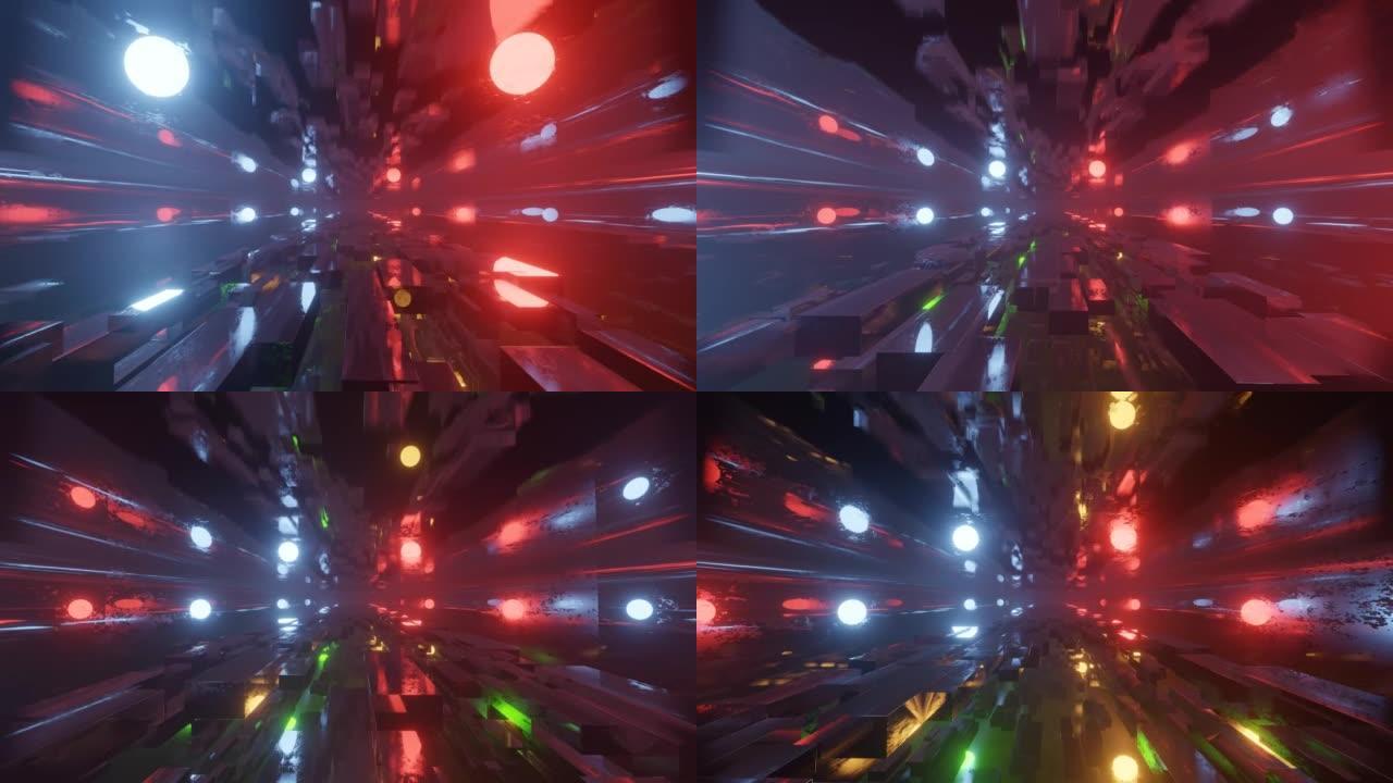 科幻建筑，雾中神秘的3d物体。霓虹灯在技术网络空间中飞翔。通过高科技技术隧道的科幻飞行。全息图和霓虹