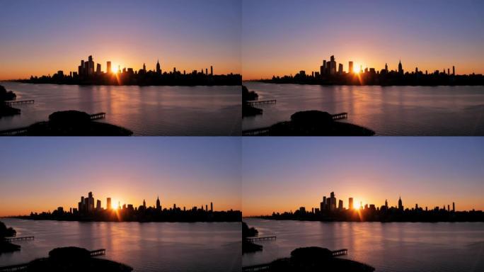 纽约市天际线: 哈德逊河对面的日出