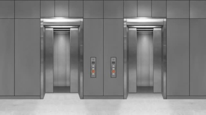 滑动钢门电梯打开，显示电梯内部。灰色墙壁的办公楼