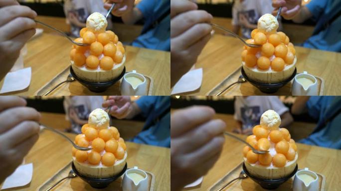 吃冰秀哈密瓜的人，韩国冰甜点