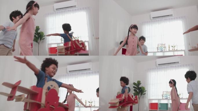 孩子们用飞机玩具为飞行而奔跑，梦想着飞行