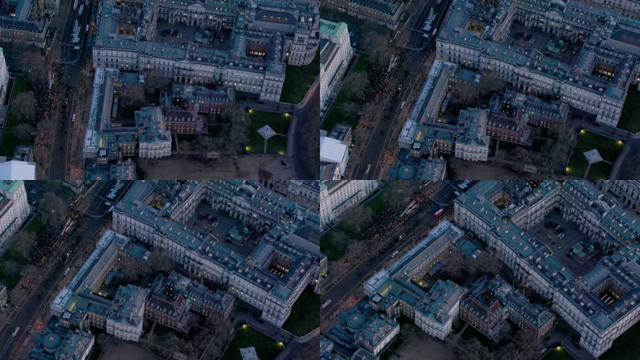 英国伦敦唐宁街和白厅鸟瞰图。4K