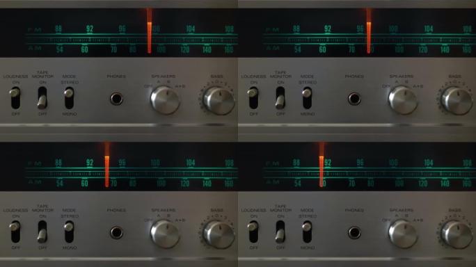 老式立体声模拟收音机调谐器。复古复古收音机表盘调谐。