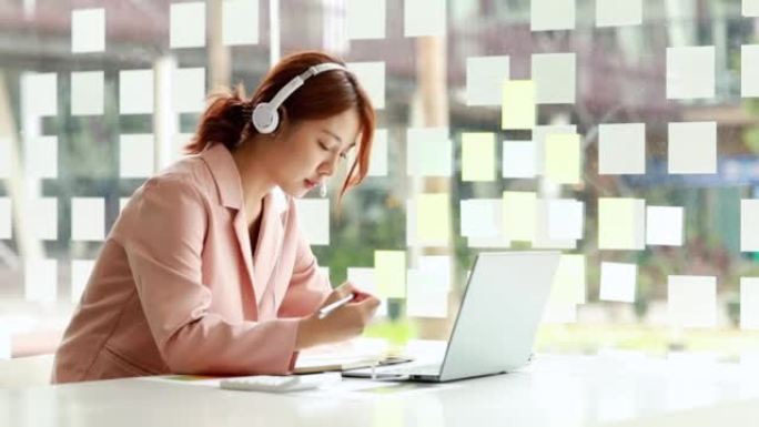 商业女性与商业伙伴通过笔记本电脑上的视频通话，她正在与一家联合创业公司的规划、运营和财务合作伙伴会面