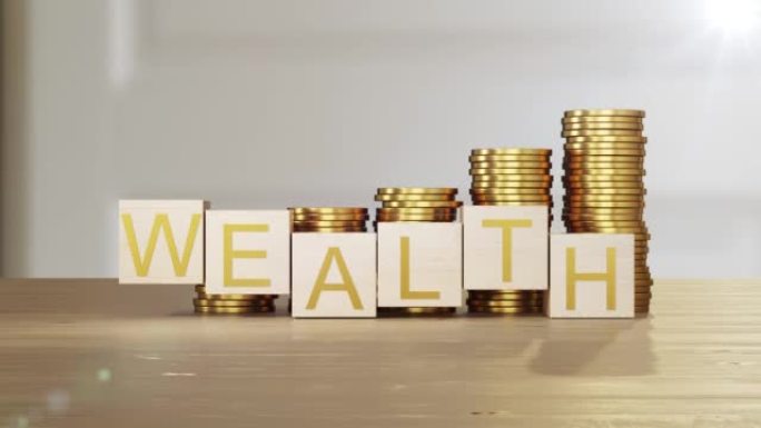 木盒翻转 “财富” 概念商业理念与金币货币堆栈背景。3D动画。