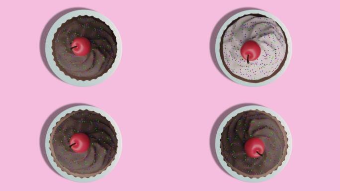 粉色抽象背景上美味奶油纸杯蛋糕相互变化的俯视图