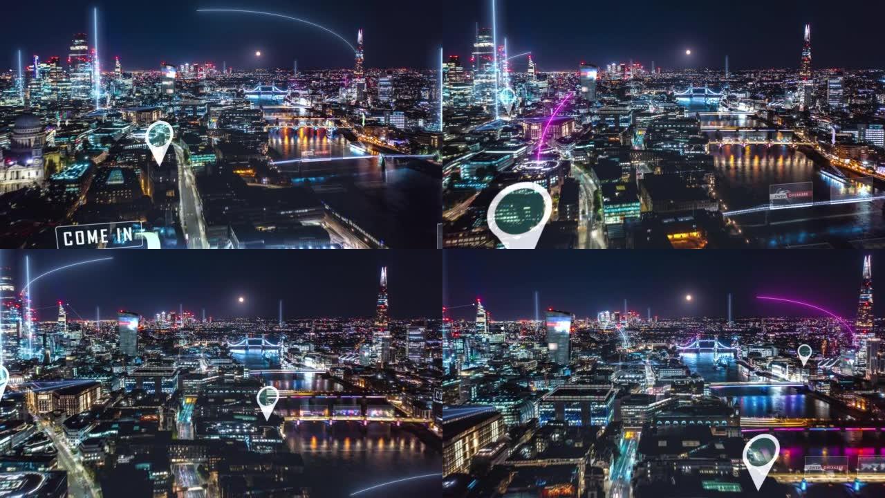 向前飞过夜城。通过增强现实信息增强了泰晤士河及周围建筑物的超拍摄。英国伦敦