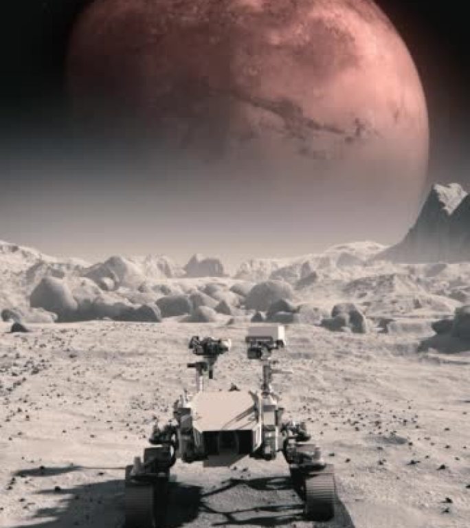 NASA火星发现漫游者穿越月球表面前往火星。月球表面覆盖着岩石。先进技术、太空探索/旅行、殖民概念。