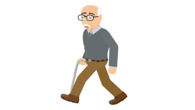 拄着拐杖的老人。老年人的动画。卡通