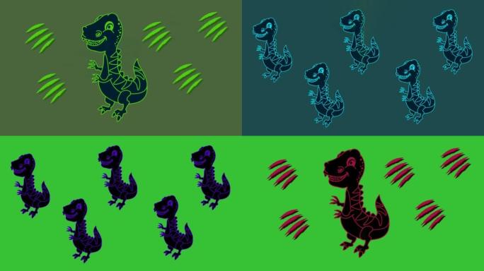 蓝色和绿色背景上有咬伤和爪子的几只蓝色恐龙出现-动画