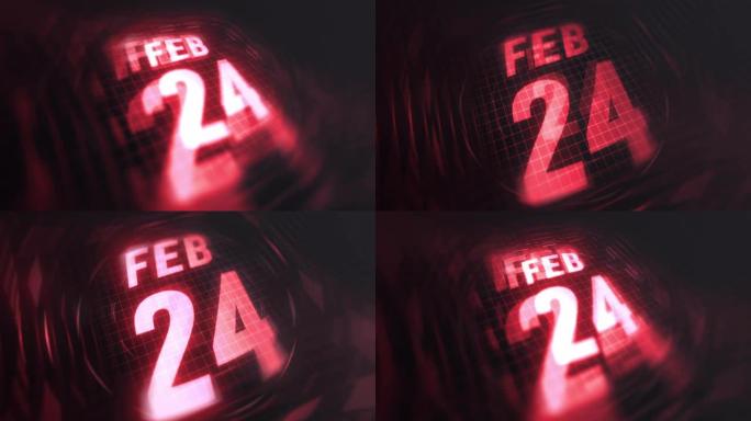 3d运动图形中的2月24日。未来的红外日历和科技发光霓虹灯拍摄，发光二极管纪念等。4k in循环