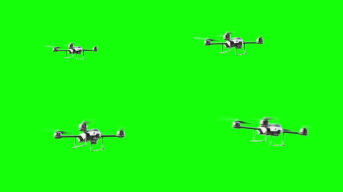 无人机白色飞向相机，然后移动到绿色屏幕上的侧面。