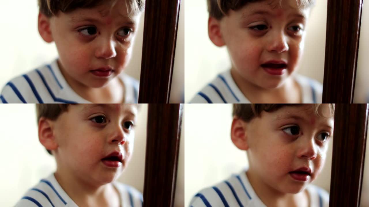 心烦意乱的小男孩肖像脸含泪体贴的孩子