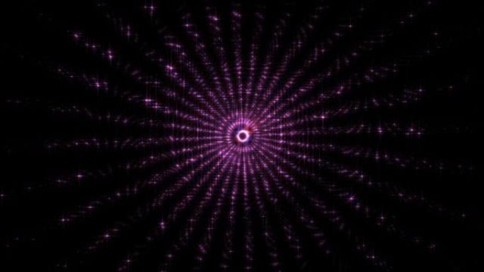 美丽发光的圆形中心光星闪闪发光的神奇尘埃粒子在黑色背景上的星形旋转。4K 3D无缝循环动画闪光抽象背
