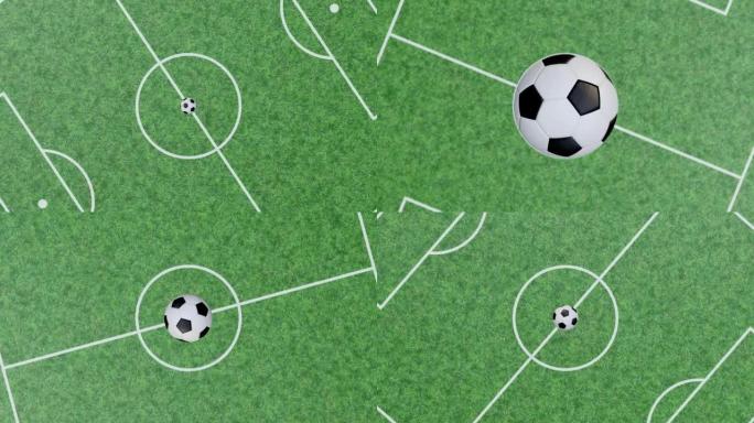 足球在足球场上弹跳。3D渲染无缝循环视频。