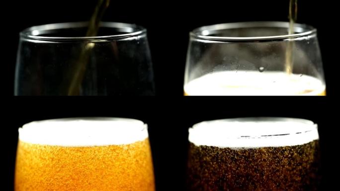 啤酒被倒入黑色背景上的大玻璃杯中，并带有泡沫